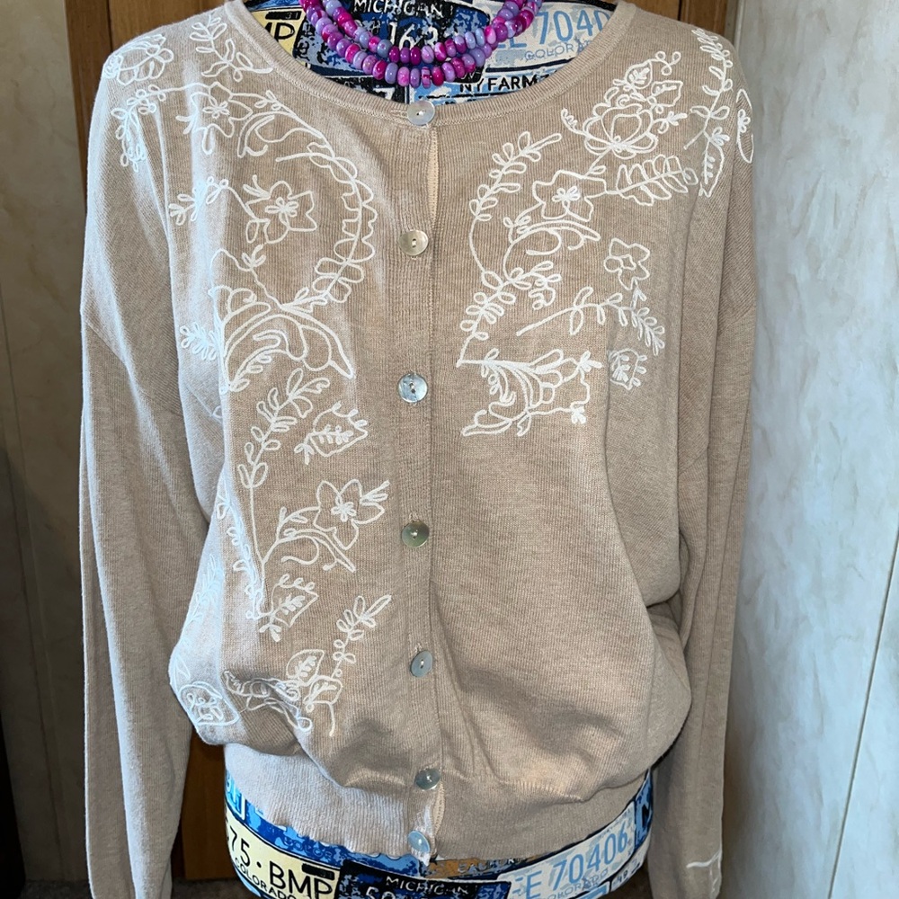 Sundance Beige Cardigan with White Embroidered Floral Detail